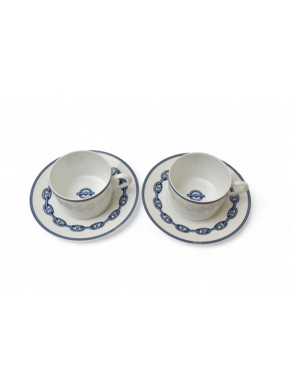Hermes Set Of 2 Cups And Saucers Pottery Chaine D'Ancre Blue White